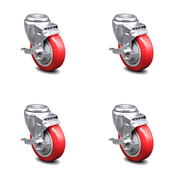 4 Inch Red Polyurethane Wheel Swivel Bolt Hole Caster Set with Brake SCC